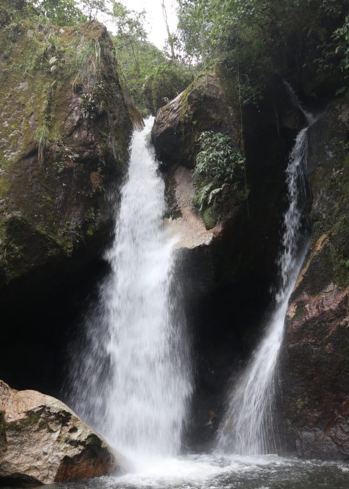 A pure waterfall falling into a river underneath